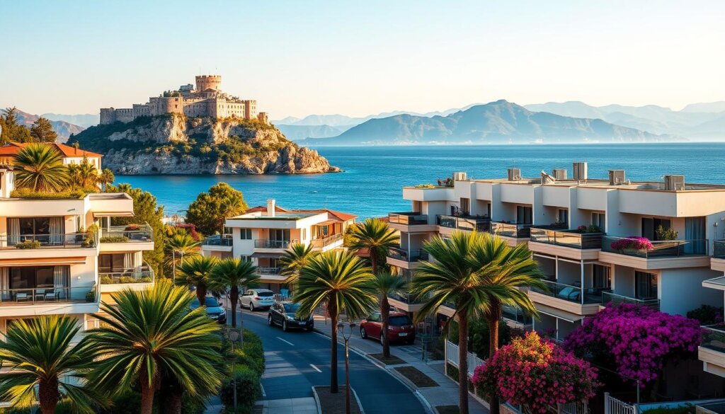A lush Mediterranean cityscape, with the iconic Alanya Castle perched atop a rocky promontory, overlooking the shimmering azure waters of the Alanya coastline. In the foreground, a collection of modern, well-designed residential properties, their balconies and terraces offering stunning views of the Taurus Mountains in the distance. The buildings are bathed in warm, golden sunlight, creating a sense of inviting, luxurious living. The streets are lined with palm trees and vibrant, blooming flowers, adding to the picturesque, peaceful atmosphere. The image conveys the allure of Alanya's thriving real estate market, where opportunities abound for savvy investors seeking a slice of this sun-drenched, coastal paradise.