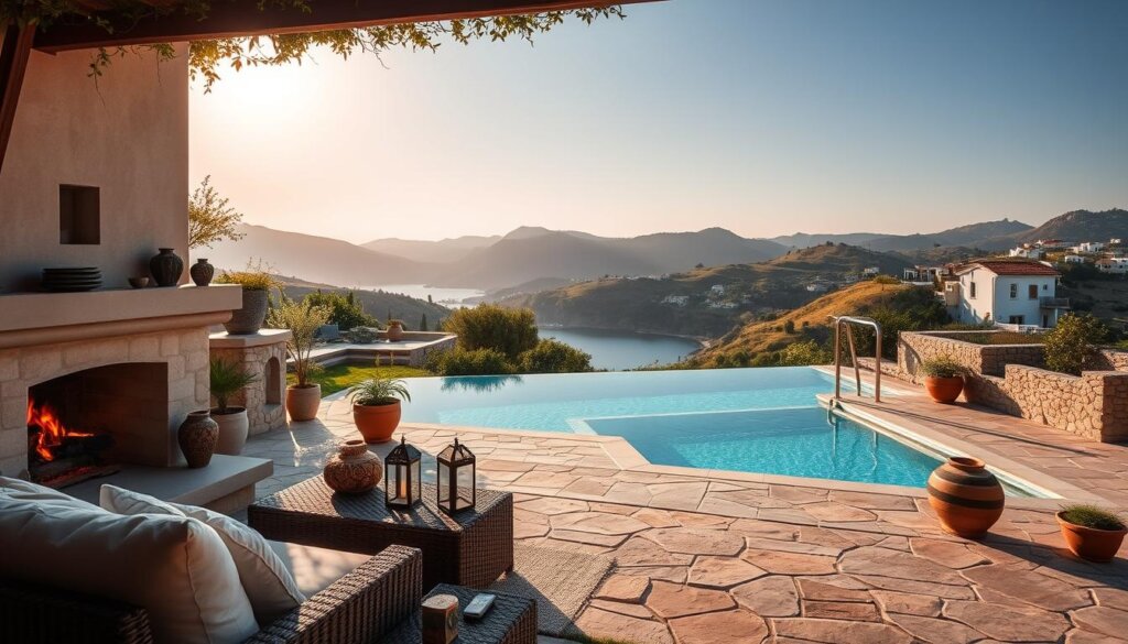 A lush Mediterranean scene in Kalkan, Turkey. In the foreground, a cozy outdoor living area with plush lounge furniture and a crackling fireplace. Decorative lanterns and potted plants add a warm, inviting ambiance. The middle ground features a sun-dappled stone terrace, with a sparkling infinity pool overlooking the picturesque Kalkan Bay. In the distance, rolling hills dotted with olive trees and whitewashed villas create a serene, picture-perfect backdrop. Soft, golden lighting envelops the scene, evoking a tranquil, leisurely atmosphere. The entire composition exudes a sense of effortless elegance and the ultimate in alfresco living.
