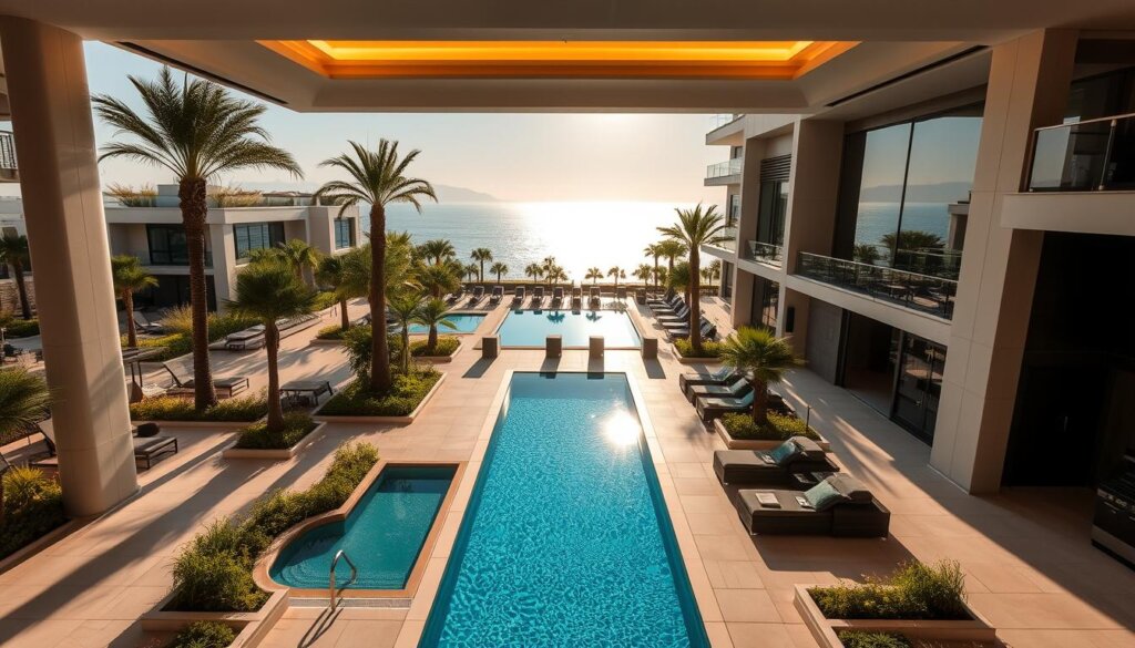 A lush, inviting swimming pool nestled amidst a tropical garden, surrounded by modern, well-appointed Belek apartments. Chic, sun-drenched patios offer ample seating and BBQ facilities, while a state-of-the-art fitness center and serene spa provide indulgent amenities. A sleek, open-air lobby with floor-to-ceiling windows showcases a breathtaking view of the shimmering Mediterranean. Warm, golden lighting bathes the scene, creating a luxurious, resort-like atmosphere. The image captures the perfect blend of comfort, style, and relaxation that defines the coveted Belek rental experience.