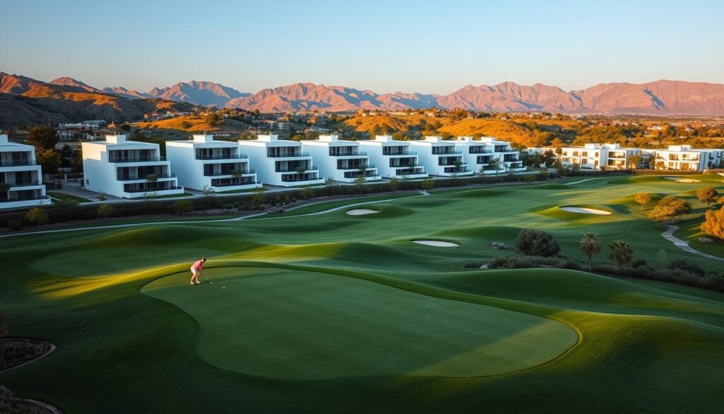 A lush, sprawling golf course surrounded by modern luxury villas and apartments in Belek, Turkey. The foreground features a well-manicured fairway winding through a scenic landscape, with golfers enjoying a leisurely round. In the middle ground, sleek, contemporary residential buildings with clean lines and large windows overlook the course, blending seamlessly with the natural environment. The background showcases the distant Taurus Mountains, their peaks bathed in warm, golden sunlight that casts a serene glow over the entire scene. The overall atmosphere evokes a sense of tranquility, exclusivity, and the perfect harmonization of urban living and outdoor recreation.