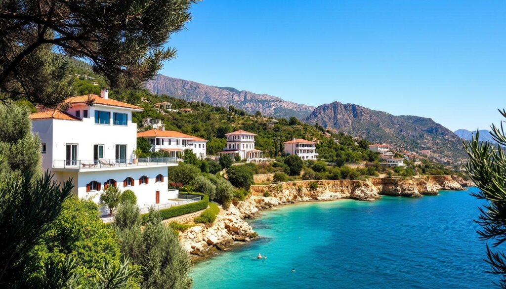 A lush, sun-drenched landscape in Kas, Turkey, where luxurious villas dot the hillsides overlooking the sparkling azure waters of the Mediterranean. In the foreground, a stunning villa with crisp white walls, terracotta tiles, and sweeping balconies. Verdant gardens and olive trees frame the scene, while the middle ground reveals more villas cascading down the slopes, their architectural elegance complementing the natural beauty. In the distance, the rugged Taurus Mountains rise majestically, their peaks bathed in warm, golden light. The atmosphere exudes a sense of tranquility, exclusivity, and the perfect balance of modern comforts and timeless charm that defines the best of Turkish coastal living.