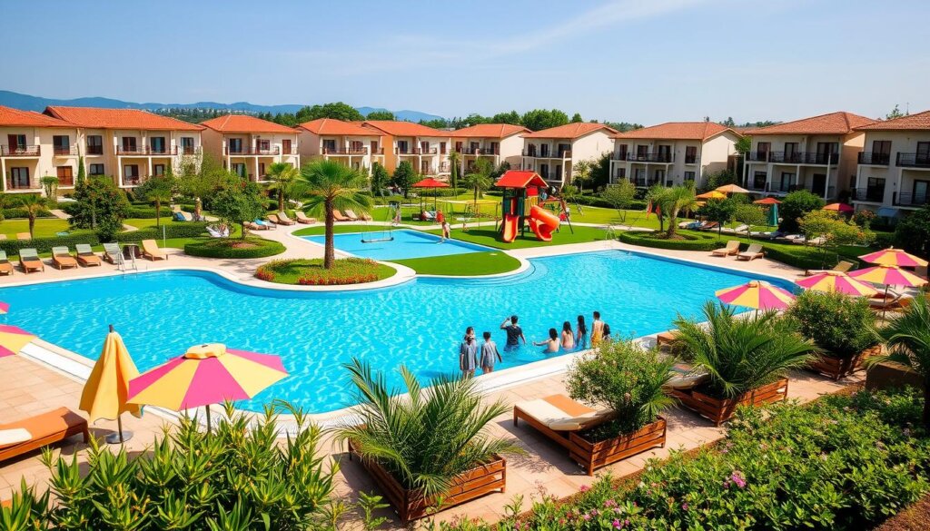 A lush, sun-drenched resort in the heart of Belek, Turkey, showcasing a vibrant array of family-friendly amenities. In the foreground, a sparkling outdoor pool is surrounded by plush lounge chairs and colorful umbrelas, inviting families to bask in the warmth. In the middle ground, a modern playground with swings, slides, and a jungle gym stands amidst well-manicured gardens, children's laughter echoing in the air. Beyond, the Mediterranean-style apartment buildings, their terracotta roofs and balconies adorned with blooming flowers, set the scene for a harmonious, holiday-inspired atmosphere. Gentle breezes, soft lighting, and a sense of tranquility permeate the image, capturing the essence of Belek's family-friendly living experience.