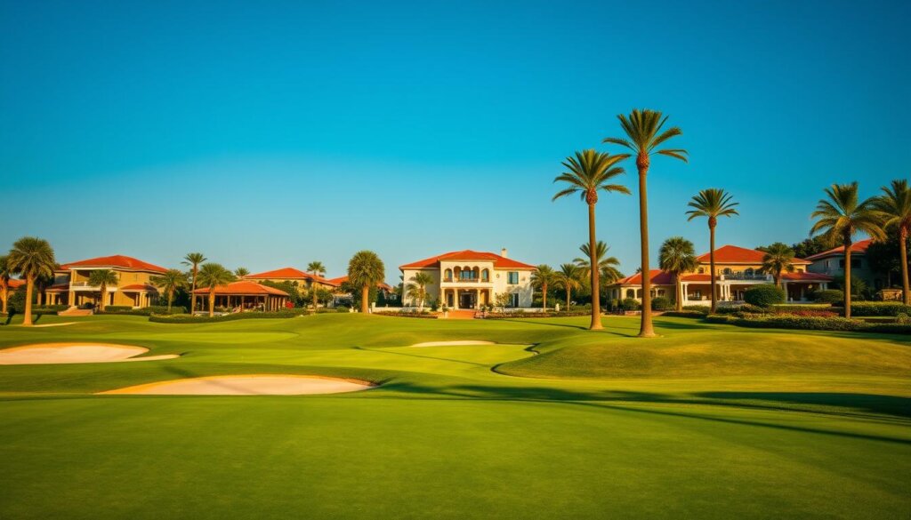 A lush, well-manicured golf course nestled amidst luxurious villas and resorts in Belek, Turkey. The foreground features the pristine fairways, dotted with sand traps and water hazards, inviting players to tee off. The middle ground showcases grand, Mediterranean-style residential properties with terracotta roofs and manicured gardens. In the background, towering palm trees sway gently, and the clear, azure sky creates a serene, idyllic atmosphere. Warm, golden sunlight bathes the scene, accentuating the vibrant colors and reflecting off the glistening water features. The overall composition conveys the opulence and exclusivity of this sought-after golfing destination, where the perfect blend of nature and luxury creates an unparalleled living experience.