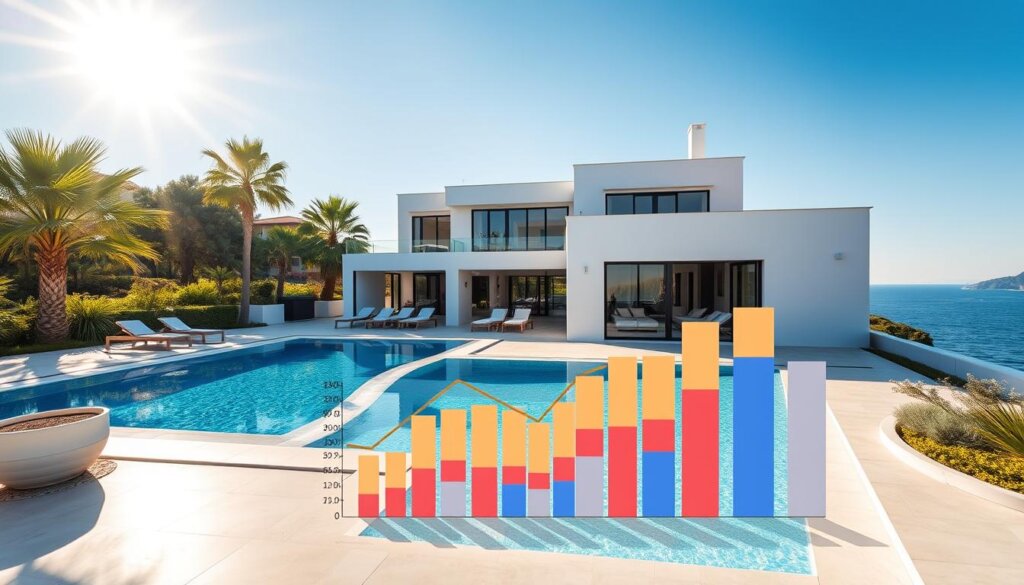 A luxurious Antalya villa overlooking the sparkling Mediterranean, its sprawling terrace and infinity pool framed by lush palm trees. Sunlight dances across the white stucco facade, casting warm shadows over the private courtyard. In the foreground, a detailed financial analysis projects rental yields and investment potential, charts and graphs floating mid-air. The villa's chic, contemporary design blends seamlessly with the picturesque seaside setting, hinting at the exceptional lifestyle and passive income opportunities for savvy investors.