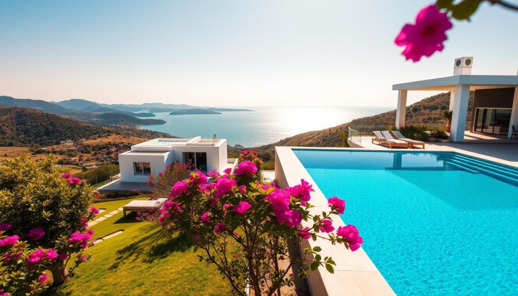 A luxurious Fethiye villa rental with a panoramic view of the Mediterranean coast. In the foreground, an infinity pool reflects the azure sky, surrounded by a well-manicured garden with vibrant bougainvillea. The middle ground features a modern, white-washed villa with clean lines and large windows that flood the interior with natural light. In the background, rolling hills dotted with olive trees and the distant, sparkling turquoise waters of the Aegean Sea. The scene is bathed in warm, golden sunlight, creating a serene and inviting atmosphere that evokes the essence of the Fethiye rental market.