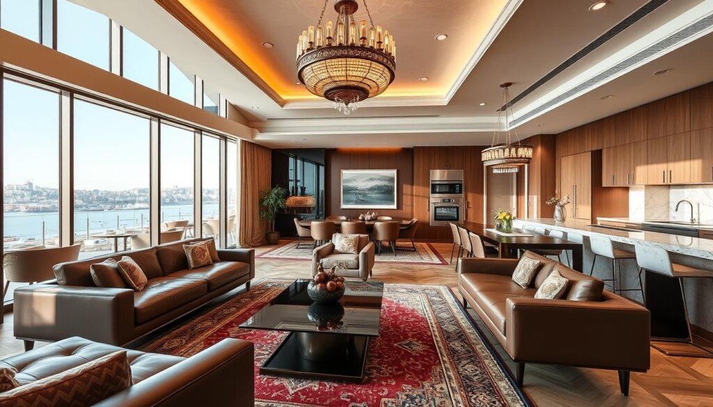A luxurious Istanbul apartment interior, with high-end finishes and materials. A spacious living room features floor-to-ceiling windows overlooking the Bosphorus, bathed in warm, natural light. Plush leather sofas and a contemporary glass-topped coffee table sit atop a handwoven Turkish rug. The kitchen showcases sleek, custom cabinetry and high-end appliances, complemented by elegant marble countertops. A sophisticated dining area, with a large wooden table and elegant chairs, invites guests to savor fine cuisine. Throughout, intricate lighting fixtures and carefully curated artwork create an atmosphere of refined elegance and timeless sophistication.