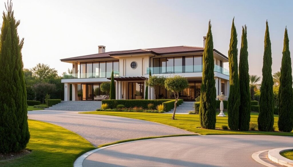 A luxurious Mediterranean-style villa nestled in the picturesque coastal town of Belek, Turkey. The two-story structure features a spacious open-plan layout, with large floor-to-ceiling windows that flood the interior with natural light. The villa is surrounded by a lush, well-manicured garden, complete with a sparkling swimming pool and a cozy terrace for outdoor entertaining. In the foreground, a gently curving driveway leads up to the main entrance, flanked by tall, elegant cypress trees. The scene is bathed in a warm, golden glow, capturing the essence of Mediterranean living. The overall mood is one of tranquility, exclusivity, and the promise of a luxurious lifestyle.