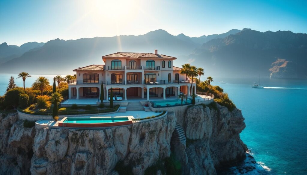 A luxurious Mediterranean-style villa perched atop a cliff in Antalya, Turkey. The grand, two-story structure is framed by lush, manicured gardens and a stunning infinity pool that appears to seamlessly blend with the crystal-clear waters of the Turquoise Coast. Sunlight filters through tall arched windows, casting a warm, golden glow over the elegant interiors featuring high ceilings, rich wood accents, and plush furnishings. Partially obscured by the villa's southwestern orientation, the Taurus Mountains rise majestically in the distance, their rugged peaks silhouetted against a vibrant azure sky. An air of tranquility and exclusivity pervades the scene, inviting the viewer to imagine the joys of luxury villa living in this idyllic Mediterranean setting.
