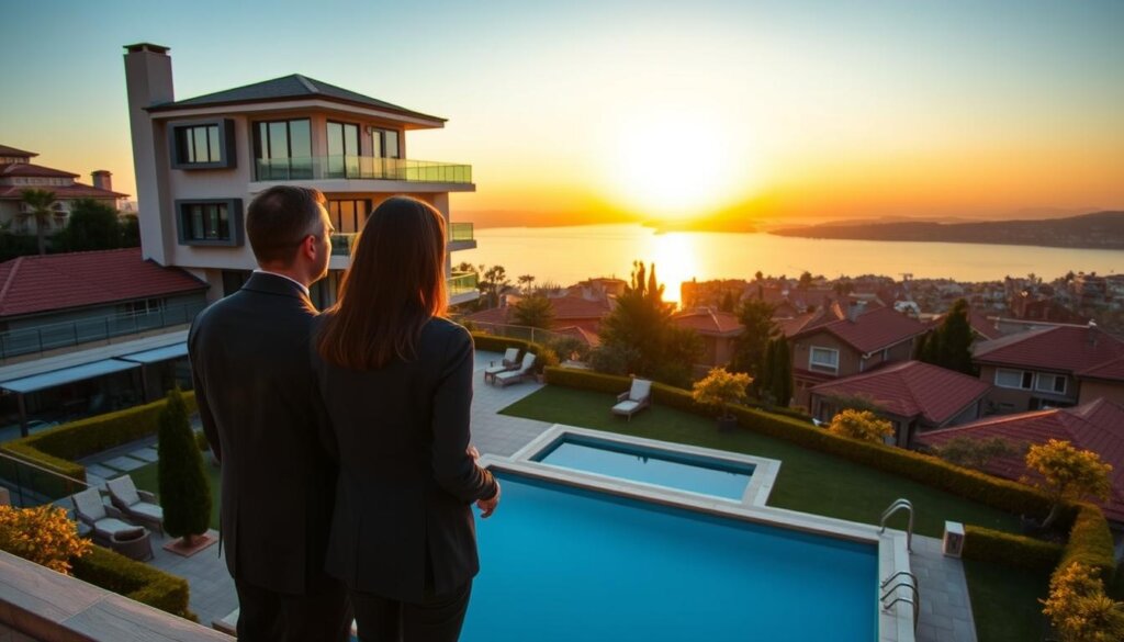 A luxurious Turkish residence with an exceptional view of the Bosphorus Strait. The property stands tall, its modern architecture blending seamlessly with the historical charm of the surrounding neighborhood. The warm, golden light of the setting sun casts a peaceful glow across the well-manicured gardens and a serene swimming pool. In the foreground, a stylishly dressed couple admire the stunning panorama, contemplating the benefits of obtaining a Turkish residence permit. The image conveys the comfort, exclusivity, and investment potential of owning a property in this vibrant, culturally rich country.