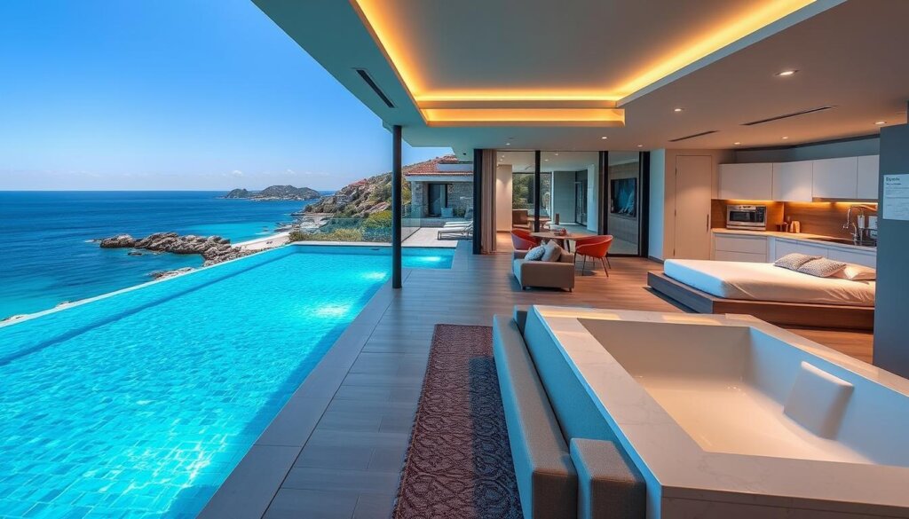 A luxurious beachfront apartment with a panoramic sea view and an inviting infinity pool. The spacious living room features floor-to-ceiling windows that flood the space with natural light, highlighting the modern, high-end furnishings. On the balcony, a cozy seating area overlooks the shimmering turquoise waters of the Adriatic Sea. The sleek, state-of-the-art kitchen is equipped with premium appliances, while the master bedroom boasts a plush king-size bed and an en-suite bathroom with a deep soaking tub. Soft, warm lighting sets a serene, tranquil mood, creating a perfect haven for relaxation and enjoyment of the breathtaking coastal scenery.