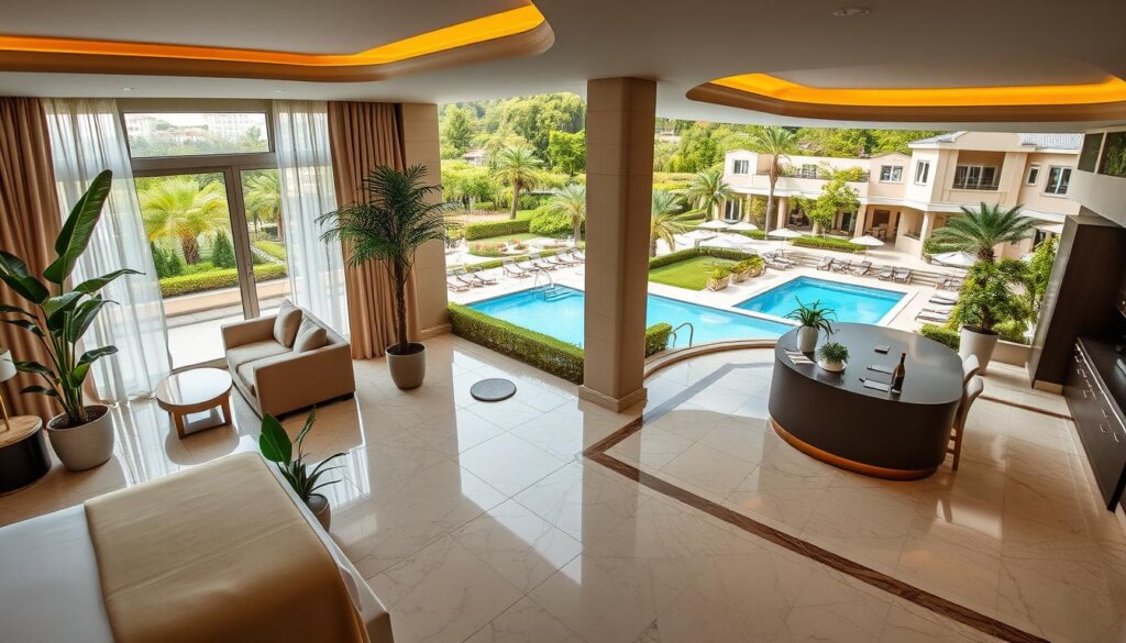 A luxurious extended stay resort in Belek, Turkey. The foreground depicts a modern, well-appointed suite with plush furnishings, a kitchenette, and floor-to-ceiling windows overlooking a private patio. In the middle ground, an opulent lobby with marble floors, a concierge desk, and lush potted plants creates a welcoming atmosphere. The background reveals lush, manicured gardens, a sparkling outdoor pool, and a sun-drenched terrace with lounge chairs, umbrellas, and a poolside bar. The lighting is warm and diffused, creating a serene, relaxing ambiance. Captured with a wide-angle lens to showcase the breadth of the amenities.