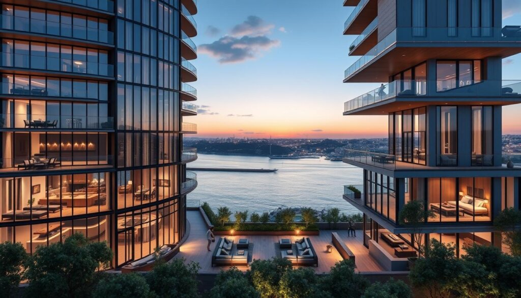 A luxurious high-rise apartment building in Istanbul, Turkey, situated along the Bosphorus Strait. The facade features sleek, modern glass and steel architecture, accentuated by elegant balconies and terraces. The interior showcases a spacious open-plan layout with floor-to-ceiling windows, offering breathtaking views of the city skyline and the shimmering waters. Ambient lighting casts a warm, inviting glow, while premium finishes and designer furnishings exude an air of sophistication. In the foreground, a serene rooftop garden provides a tranquil oasis, with lush greenery and cozy seating areas. The overall scene conveys a sense of refined, urban living in a prime Turkish location.