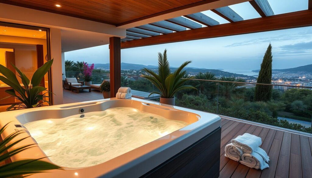 A luxurious outdoor hot tub nestled on the balcony of a modern villa, surrounded by lush greenery and sweeping views of the Belek coastline. Warm, ambient lighting casts a golden glow over the bubbly water, inviting guests to sink into the soothing jets. Plush, comfortable towels and robes are neatly folded nearby, complementing the sleek, minimalist design of the tub and its wooden deck. Tropical plants and flowers add pops of vibrant color, creating a serene, spa-like atmosphere. The entire scene is captured through a wide-angle lens, emphasizing the stunning natural setting and the hot tub's seamless integration into the villa's upscale amenities.