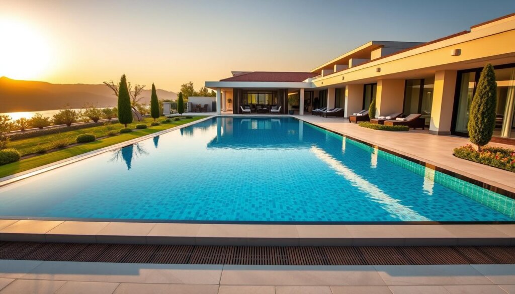A luxurious private pool villa nestled amidst the scenic landscapes of Belek, just steps away from the enchanting Land of Legends theme park. The villa's sleek, modern architecture blends seamlessly with the lush, verdant surroundings, creating a serene and tranquil atmosphere. The infinity pool, adorned with intricate tiling, reflects the warm, golden sunlight, inviting guests to bask in the ultimate relaxation. Vibrant, meticulously manicured gardens and pathways lead to the villa's grand, inviting entrance, hinting at the luxurious accommodations within. The interior boasts exquisite furnishings, high-end amenities, and floor-to-ceiling windows that flood the space with natural light, offering unparalleled views of the picturesque landscape. Capture the essence of indulgent, high-end living in this captivating, one-of-a-kind private pool villa.