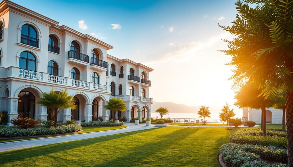 A luxurious residential apartment building in Fethiye, Turkey, with stunning Mediterranean architecture. The foreground features a well-manicured lawn and lush landscaping, while the middle ground showcases the elegant facade with arched windows and intricate balconies. The background subtly hints at the breathtaking views of the Aegean Sea and the nearby Taurus Mountains. The scene is bathed in warm, golden sunlight, creating a serene and inviting atmosphere. The apartments appear spacious and modern, with high-end finishes and amenities, reflecting the premium price range sought by discerning buyers in this desirable coastal location.