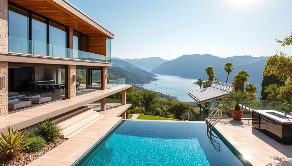 A luxurious two-story villa nestled in the rolling hills of Fethiye, Turkey, surrounded by lush Mediterranean greenery. The villa features a modern, sustainable design with large windows and a sprawling terrace that offers panoramic views of the nearby mountains and the sparkling turquoise waters of the Aegean Sea. Sunlight floods the interior, illuminating the natural stone and wood accents that create a warm, inviting atmosphere. In the foreground, a shimmering infinity pool blends seamlessly with the landscape, while a sleek outdoor kitchen and dining area invite guests to enjoy alfresco meals. The villa's energy-efficient features, such as solar panels and smart home technology, demonstrate a commitment to eco-friendly living without compromising on style or comfort.
