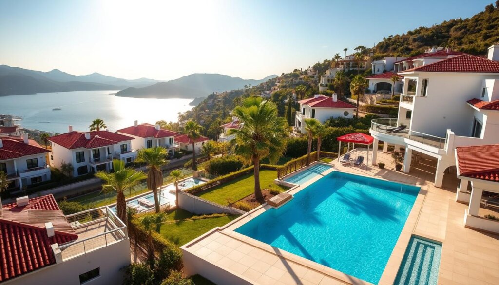 A luxurious villa complex nestled in the picturesque hills of Alanya, Turkey. Pristine white structures with red-tiled roofs, surrounded by lush Mediterranean landscaping. Glistening infinity pools overlooking the shimmering azure waters of the Alanya coastline. Elegant terraces and balconies offer breathtaking panoramic views. Warm, golden sunlight filters through swaying palm trees, creating a serene, resort-like atmosphere. High-end amenities and modern architecture blend seamlessly with the region's distinct architectural style. This tranquil oasis promises the ultimate in luxury living, ideal for those seeking a premier villa investment in the heart of the Turkish Riviera.
