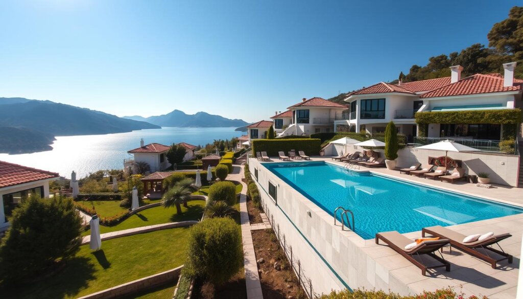 A luxurious villa compound nestled in the picturesque seaside town of Fethiye, Turkey. Elegant two-story villas with gleaming white exteriors and terra-cotta tiled roofs stand amidst lush, meticulously manicured gardens. Each villa features a private infinity pool shimmering under the warm Aegean sun, surrounded by plush lounge chairs and umbrellas. The villas' large windows and balconies offer breathtaking views of the turquoise waters and rugged mountains in the distance. A serene, peaceful atmosphere pervades the compound, creating an idyllic, resort-like ambiance perfect for a relaxing vacation rental experience.
