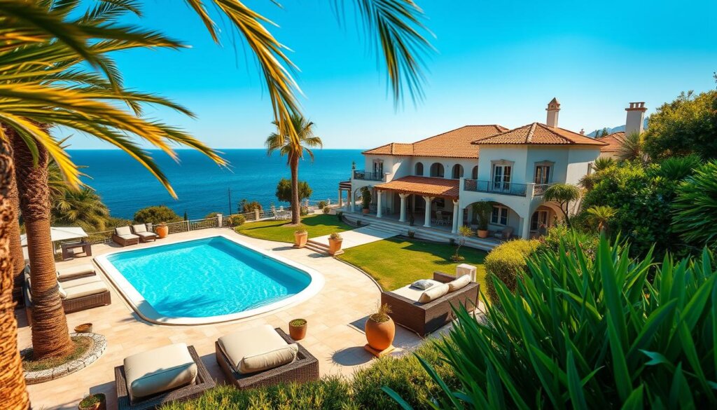 A luxurious villa in Side, Turkey, nestled among lush, vibrant greenery. The foreground showcases a well-appointed outdoor living area with a sparkling pool, surrounded by plush lounge furniture and swaying palm trees. The middle ground reveals a grand, Mediterranean-style villa with whitewashed walls, terracotta-tiled roofs, and intricate architectural details. In the background, the shimmering turquoise waters of the Aegean Sea stretch out, creating a serene and picturesque setting. The scene is bathed in warm, golden light, evoking a sense of tranquility and indulgence. The image captures the essence of the villa's outstanding amenities and the allure of the Side region.