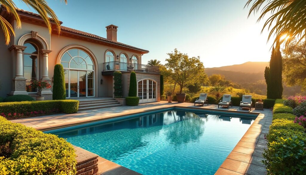 A luxurious villa nestled amidst lush, manicured gardens, with a sparkling private pool glistening in the warm, golden sunlight. The elegant, Mediterranean-style facade features ornate arches and intricate stonework, complemented by perfectly trimmed hedges and vibrant flowering plants. The serene outdoor living space invites you to lounge on plush, cushioned patio furniture, sipping a refreshing beverage as you take in the breathtaking views of the surrounding countryside. Soft, diffused light filters through the large, arched windows, creating a warm and inviting atmosphere within the villa's opulent interior, adorned with high-end furnishings and carefully curated decor. This picturesque scene is the ultimate embodiment of a premium, high-end rental property, designed to captivate and enchant the most discerning of guests.