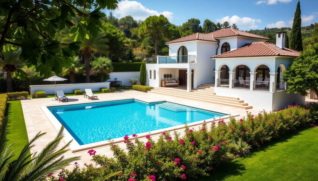 A luxurious villa nestled amidst the lush greenery of Belek, Turkey. The majestic property boasts a striking Mediterranean-inspired design, with white stucco walls, terracotta tiles, and arched windows that capture the essence of the region. The expansive outdoor area features a sparkling pool, surrounded by meticulously landscaped gardens and a shaded terrace, inviting you to bask in the warm, golden sunlight. The interior is elegantly furnished, offering a harmonious blend of modern comforts and traditional Turkish charm. This investment opportunity promises a lucrative return, catering to the growing demand for high-end vacation rentals in the coveted Belek market.