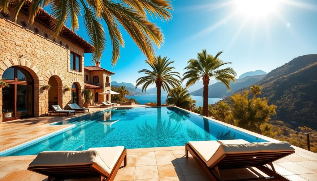 A luxurious villa with a private, infinity-edge pool nestled amid the lush, rolling hills of Kalkan, Turkey. The villa's Mediterranean-inspired architecture features intricate stone facade, wide arched windows, and a grand, tiled roof. The pool's crystal-clear water reflects the vivid azure sky and distant, snow-capped mountains. Warm, golden sunlight filters through swaying palm trees, casting a serene, idyllic glow over the property. Plush lounge chairs and a shaded cabana invite visitors to relax and soak in the picturesque landscape. This tranquil, high-end retreat offers the ultimate in privacy and comfort, perfect for those seeking to immerse themselves in the natural beauty of the Turquoise Coast.