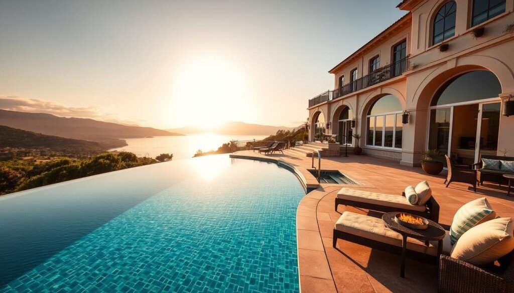 A luxurious villa with a stunning infinity pool overlooking a picturesque Mediterranean landscape. The poolside area features plush lounge chairs, a wet bar, and a cozy outdoor seating area with a fire pit. In the background, the villa's exterior showcases its elegant architecture, with grand arched windows and a terrace adorned with potted plants. The warm afternoon sunlight casts a golden glow, creating a serene and inviting atmosphere. The scene is captured through a wide-angle lens, emphasizing the property's expansive and well-appointed amenities.