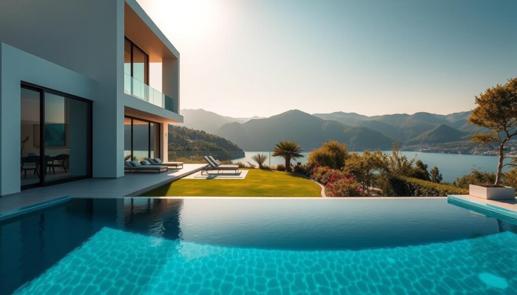 A luxury villa nestled in the picturesque hills of Kalkan, Turkey, featuring a sleek modern design with clean lines and floor-to-ceiling windows that frame breathtaking views of the Mediterranean. In the foreground, a serene swimming pool with a seamless infinity edge reflects the villa's elegant architecture. The middle ground showcases a lush, well-manicured garden with vibrant foliage and tasteful landscaping. The background is dominated by the stunning backdrop of the Taurus Mountains, bathed in warm, golden sunlight that casts a soothing glow over the entire scene. The overall atmosphere exudes a sense of sophisticated tranquility, inviting prospective buyers to envision their own luxurious, yet affordable, villa retreat.
