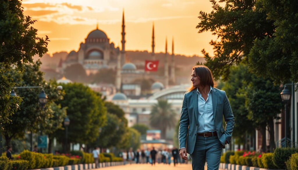 A majestic skyline of Istanbul's iconic historic architecture, with the iconic Hagia Sophia and Blue Mosque silhouetted against a golden sunset. In the foreground, a well-dressed couple strolls through a bustling street lined with lush greenery, deep in conversation about property ownership rights. The scene is bathed in warm, soft lighting, creating a sense of tranquility and prosperity. The overall composition conveys the allure and opportunity of real estate investment in this vibrant, culturally rich city.