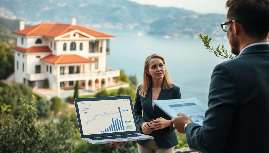 A majestic villa nestled in the lush hills of Alanya, its terracotta-tiled roof catching the warm glow of the Mediterranean sun. In the foreground, a well-dressed couple stands before a financial advisor, discussing the details of securing a mortgage for their dream property. The advisor's laptop displays charts and graphs, a visual representation of the financing options available. In the background, the azure waters of the Alanya coastline stretch out, a gentle reminder of the lifestyle this investment can provide. Soft, diffused lighting casts a sense of tranquility over the scene, inviting the viewer to imagine themselves in this picturesque setting, embarking on the journey of owning a piece of this idyllic Turkish paradise.