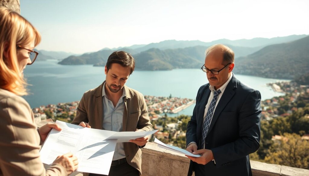 A meticulously detailed illustration of the step-by-step process for foreigners buying property in Fethiye, Turkey. In the foreground, a prospective homebuyer examines legal documents, surrounded by a real estate agent and a local property lawyer. In the middle ground, a panoramic view of the scenic Fethiye coastline, with its azure waters and picturesque mountains. In the background, a clear, sun-drenched sky, casting a warm, inviting glow over the entire scene. The lighting is soft and natural, with a cinematic, documentary-style aesthetic. The camera angle is slightly elevated, providing a comprehensive overview of the transaction process and the breathtaking Fethiye landscape.