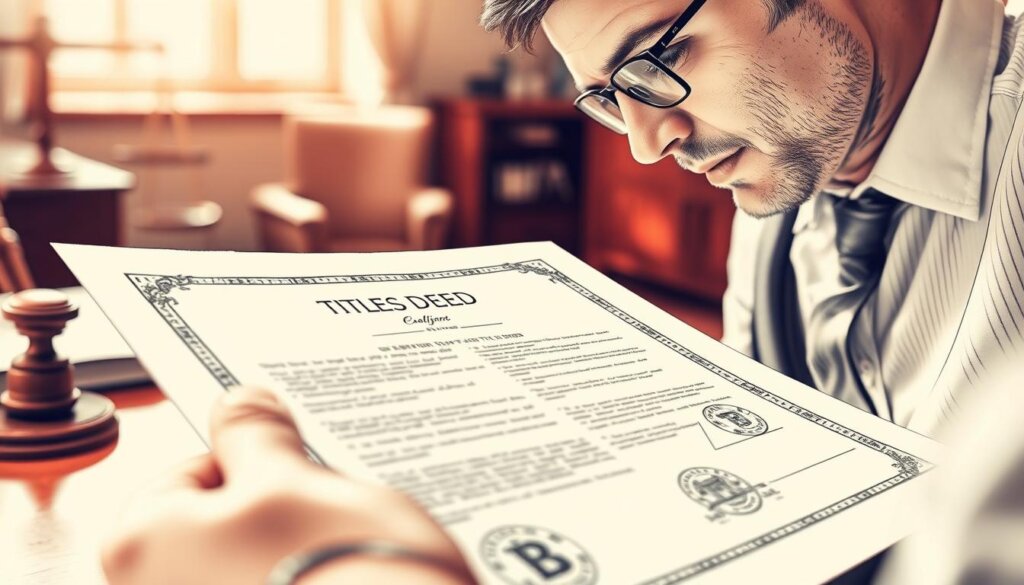 A meticulously detailed ink sketch of a property title deed verification process, captured through the lens of a high-resolution camera. The foreground depicts a legal professional carefully examining a document, their face in deep concentration. The middle ground showcases the intricate stamp, seal, and signature elements of an official title deed, rendered with exceptional clarity. The background subtly fades into a warm, muted office setting, complete with tasteful wooden furnishings and a strategically positioned window, allowing for soft, directional lighting to accentuate the scene. The overall mood conveys a sense of precision, professionalism, and the gravity of the legal proceedings.