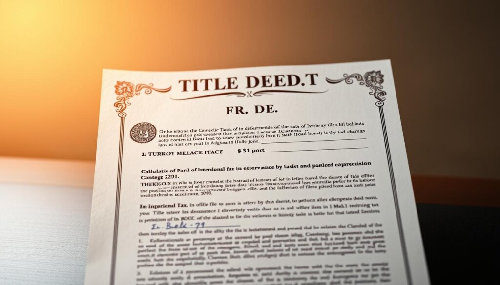 A meticulously rendered legal document, the title deed, takes center stage against a muted background. Warm lighting casts a soft glow, heightening the sense of importance. The intricate scrollwork and official seals convey the gravity of the transfer process, while the text outlining the conveyance tax calculations fills the frame, inviting the viewer to study the details. The composition is balanced, drawing the eye to the critical information required for this pivotal real estate transaction in Belek, Turkey.