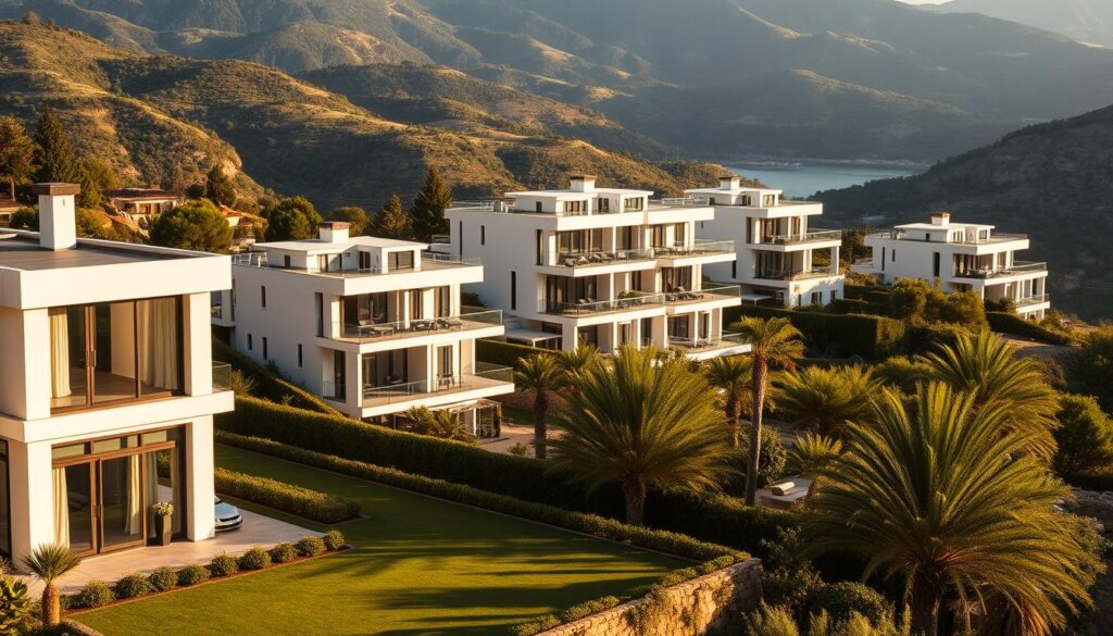 A modern and luxurious residential complex nestled in the picturesque Fethiye, Turkey. The foreground showcases a sleek villa with clean lines, large windows, and a well-manicured garden. In the middle ground, several contemporary apartment buildings stand in harmonious arrangement, featuring stunning balconies and terraces that offer breathtaking views of the Aegean Sea. The background is dominated by the rolling hills and lush greenery that characterize the Fethiye landscape, creating a serene and tranquil atmosphere. The scene is bathed in warm, golden sunlight, casting long shadows and highlighting the architectural details. The overall composition conveys a sense of sophistication, comfort, and the desirable Mediterranean lifestyle.