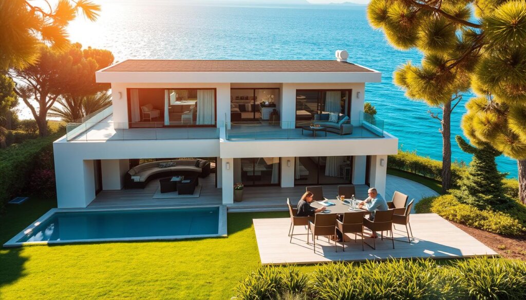 A modern and luxurious villa nestled amidst lush greenery, with the sparkling azure waters of the Mediterranean Sea as its scenic backdrop. The front view showcases the villa's elegant architecture, featuring clean lines, large windows, and a well-manicured garden. A group of prosperous-looking individuals are gathered around a table on the villa's spacious terrace, engaged in a business discussion, representing the potential investment opportunities in Antalya's real estate market. Warm, golden sunlight filters through, creating a sense of prosperity and opportunity. The overall mood is one of tranquility, affluence, and the promise of a lucrative investment in Antalya's thriving villa market.