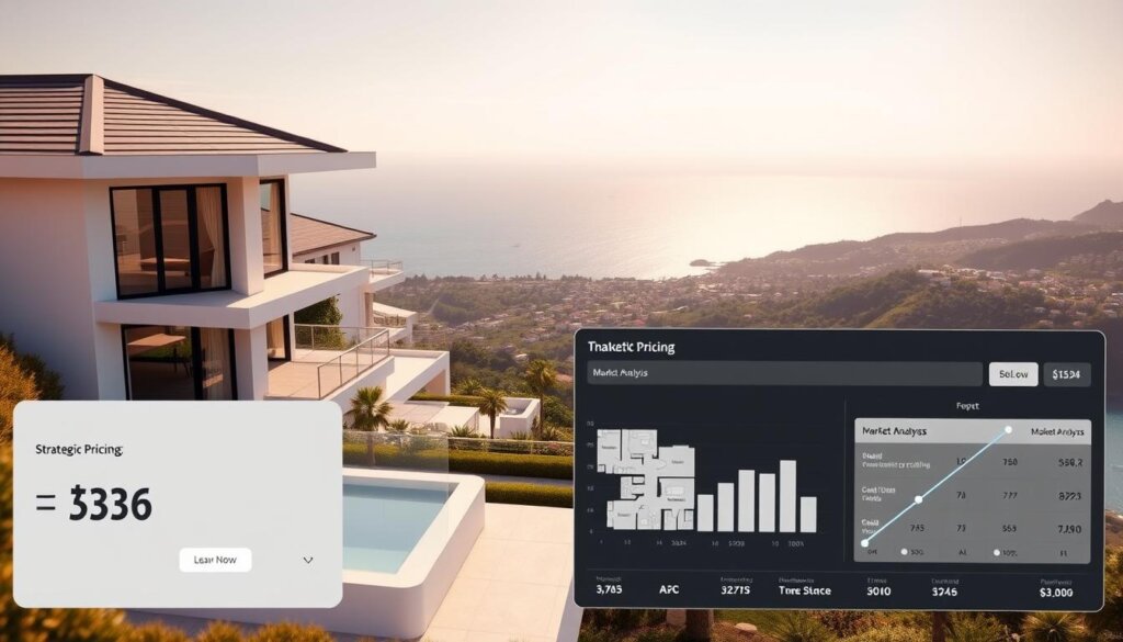 A modern and well-appointed residential property nestled in a picturesque coastal town, its strategic pricing prominently displayed on a sleek digital real estate dashboard. The foreground features a 3D rendered facade with clean lines, large windows, and a minimalist design aesthetic. The middle ground showcases a detailed floor plan and market analysis data, highlighting the property's unique value proposition. In the background, a panoramic view of the town's stunning natural surroundings, including the sparkling azure sea and lush, verdant landscapes. Soft, diffused lighting casts a warm, inviting glow over the entire scene, creating a sense of affluence and opportunity.