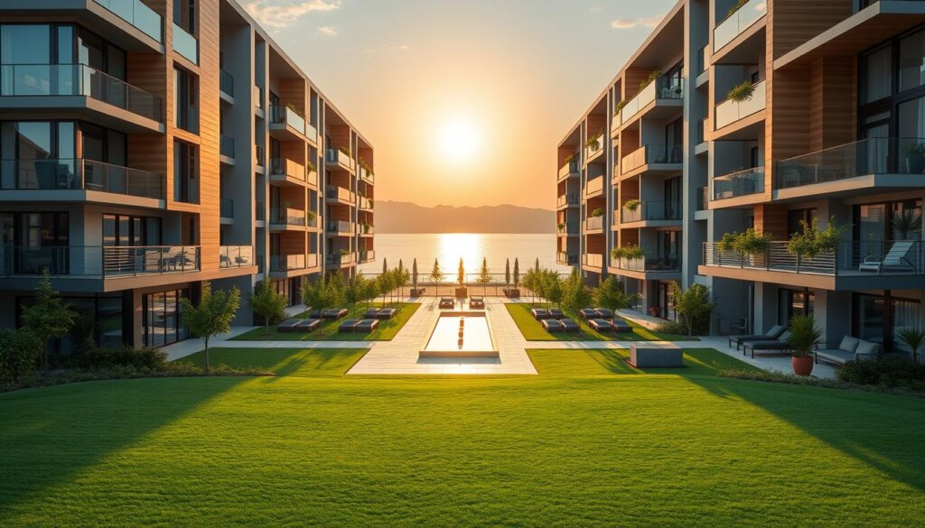 A modern apartment building with a striking contemporary design, set against the backdrop of the picturesque Manavgat coastline. The building's façade features clean lines, expansive windows, and a mix of materials like glass, steel, and warm-toned wood paneling. In the foreground, a well-manicured lawn leads to a central courtyard with a serene water feature. The midground showcases balconies and terraces with lush potted plants, hinting at the comfortable living spaces within. Overhead, the sky is bathed in a soft, golden glow from the setting sun, creating a warm and inviting atmosphere. The overall scene conveys an image of high-quality, profitable rental properties in a desirable, scenic location.