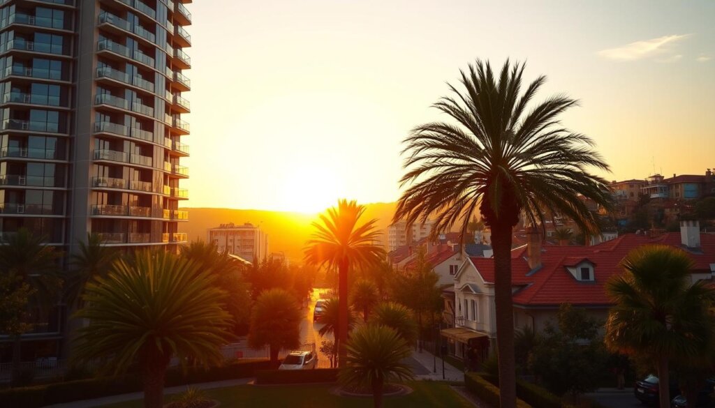 A modern apartment building with sleek glass facade stands tall against a vibrant Turkish cityscape. The warm glow of sunset bathes the scene in a soft, golden light, casting long shadows across the bustling streets below. In the foreground, a well-manicured garden provides a tranquil oasis, hinting at the high-end lifestyle within. Towering palm trees sway gently, complementing the rich, terracotta-tiled roofs that dot the horizon. The overall impression is one of sophistication, prosperity and the promise of a comfortable, luxurious living experience – the essence of Turkish property investment value.
