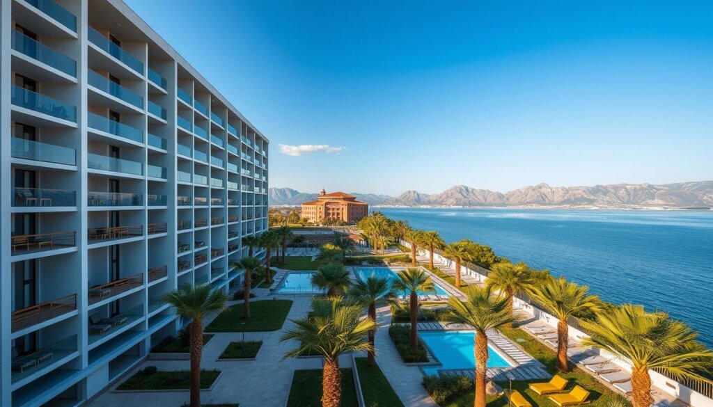 A modern apartment complex in Alanya, Turkey, set against a backdrop of azure skies and the glistening Mediterranean. The foreground features a sleek, high-rise building with clean lines, floor-to-ceiling windows, and a well-manicured landscaped courtyard. The middle ground showcases lush palm trees, well-maintained pathways, and a communal pool area with sun loungers. In the background, the iconic Alanya Castle and the rugged Taurus Mountains create a striking contrast. The lighting is warm and inviting, with a soft, golden glow that accentuates the modern architecture and the natural surroundings. The overall scene conveys a sense of luxury, comfort, and a harmonious blend of urban living and Mediterranean tranquility.