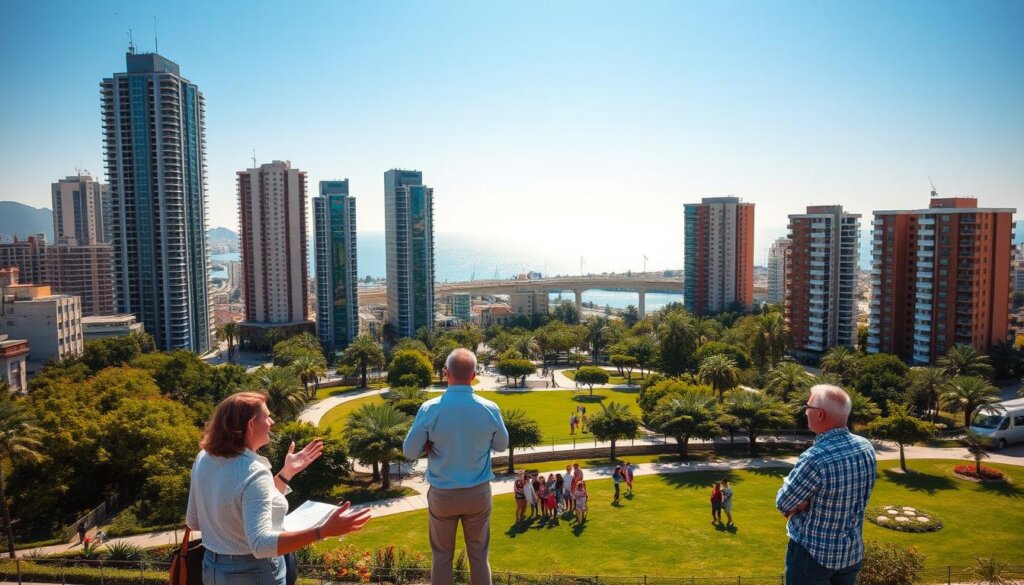 A modern city skyline in Mersin, Turkey, with high-rise apartment buildings and commercial towers, bathed in warm afternoon sunlight. In the foreground, a group of people discussing real estate investment plans, gesturing animatedly. The middle ground features a well-maintained public park with lush greenery and families enjoying the outdoors. In the background, the sparkling blue waters of the Mediterranean Sea stretch out, hinting at the coastal charm of the region. The overall atmosphere conveys a sense of vibrant urban growth and promising real estate opportunities for savvy investors.