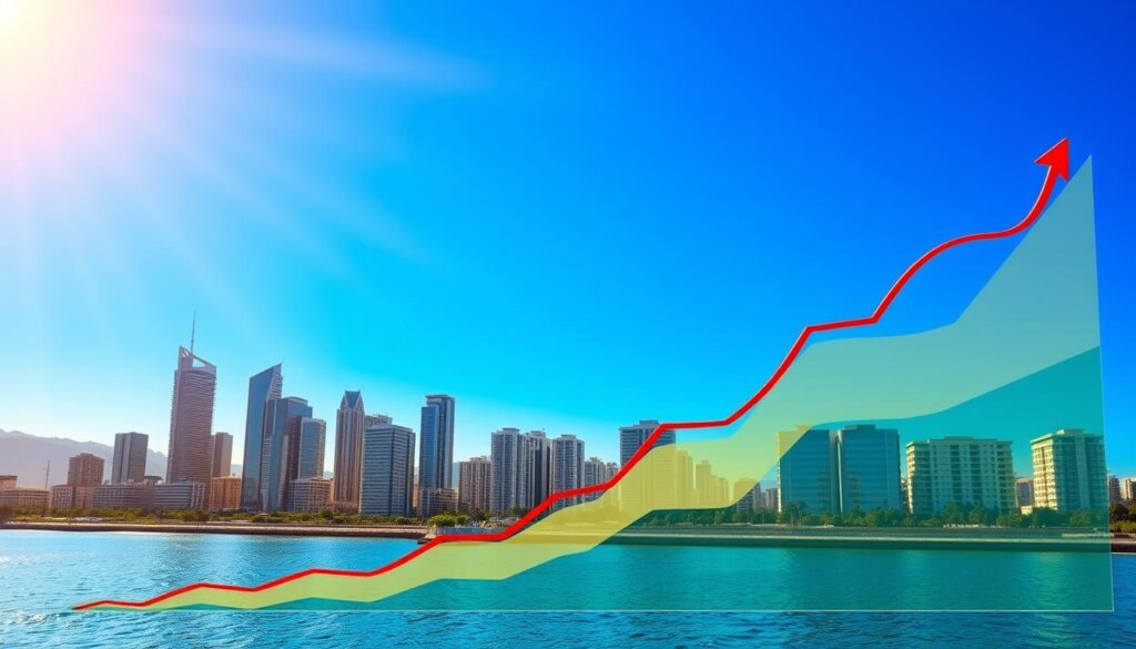 A modern city skyline of Mersin, Turkey, with skyscrapers and high-rise buildings against a vibrant blue sky. In the foreground, a graph depicting the steady rise of property values over the past decade, showcasing the growth and investment potential of the Mersin real estate market. The scene is illuminated by warm, golden sunlight, casting long shadows and creating a sense of prosperity and economic progress. The image captures the dynamism and allure of the Mersin property market, inviting the viewer to explore the opportunities it offers.