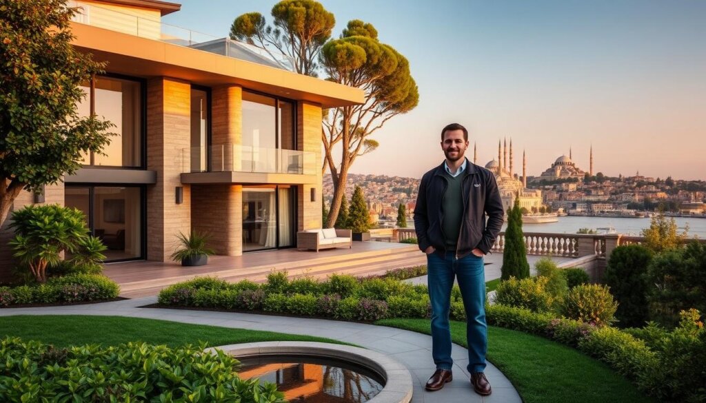 A modern, elegantly-designed villa nestled in the heart of Istanbul, with a welcoming facade of warm stone and expansive windows overlooking the Bosphorus. In the foreground, a well-manicured garden with lush greenery and a serene water feature sets the tranquil mood. The middle ground features a picturesque terrace, where a knowledgeable local guide stands ready to provide personalized advice and insights to prospective villa buyers. The background showcases the iconic skyline of Istanbul, with the historic Hagia Sophia and Blue Mosque in the distance, bathed in a golden afternoon light. The overall atmosphere exudes a sense of refined luxury and insider expertise, inviting the viewer to explore the best places to purchase a villa in this vibrant city.