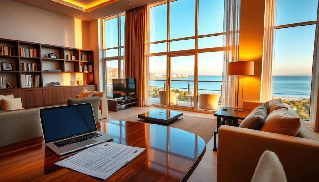 A modern, elegantly furnished apartment with large windows overlooking a scenic coastal landscape in Belek, Turkey. The interior is bathed in warm, golden lighting, creating a cozy and inviting atmosphere. On the dining table, a laptop and paperwork are neatly arranged, suggesting the owner's focus on optimising rental income through thoughtful property management. Bookshelves line the walls, hinting at the owner's expertise in real estate strategies. The overall scene conveys a sense of professionalism, comfort, and a keen eye for maximising the rental potential of this desirable property.