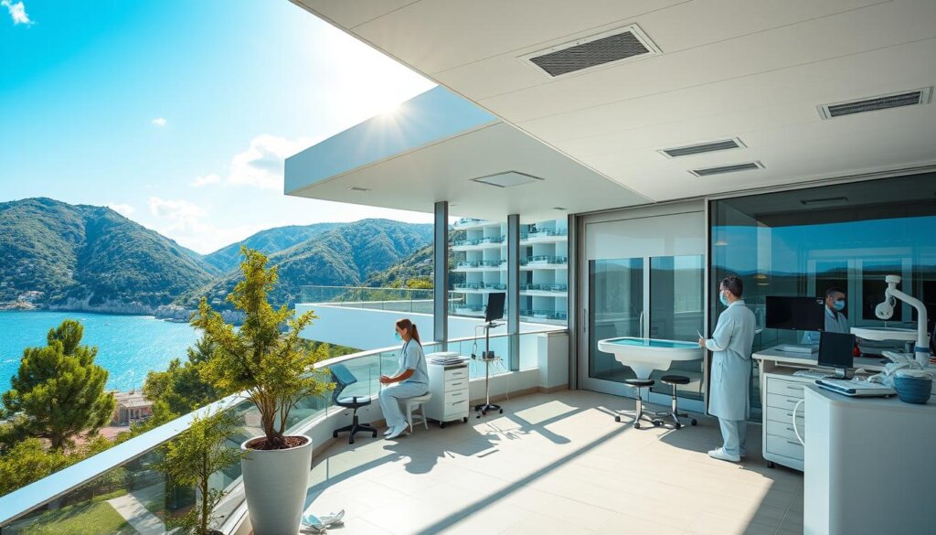 A modern healthcare facility nestled in the picturesque town of Kalkan, Turkey. The building's sleek, contemporary architecture blends seamlessly with the surrounding natural beauty, creating a serene and welcoming atmosphere. Sunlight streams through large windows, illuminating the state-of-the-art medical equipment and highly trained staff dedicated to providing exceptional care. In the background, lush green hills and the sparkling azure waters of the Mediterranean Sea create a breathtaking landscape. This center offers world-class education and training programs, ensuring the next generation of healthcare professionals are equipped to serve the community. An oasis of health and learning in this affordable, yet idyllic, Turkish paradise.