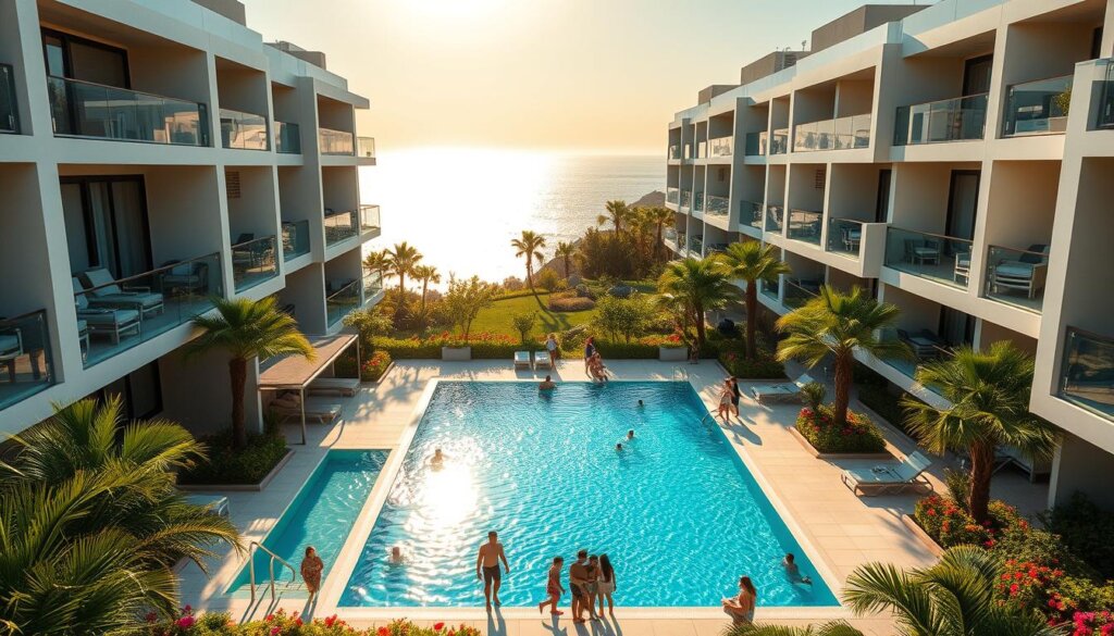 A modern, high-end apartment complex nestled in lush, verdant surroundings, with a shimmering turquoise swimming pool as the centerpiece. Sleek, angular architecture features floor-to-ceiling windows, clean lines, and a minimalist aesthetic. The pool area is flanked by impeccably landscaped gardens, with swaying palm trees and vibrant flowers. Warm, golden sunlight filters through, casting a serene, inviting glow over the entire scene. Families and friends gather around the pool, enjoying the luxurious amenities and the breathtaking Mediterranean vistas in the distance. The overall atmosphere exudes sophistication, comfort, and the ultimate in modern coastal living.