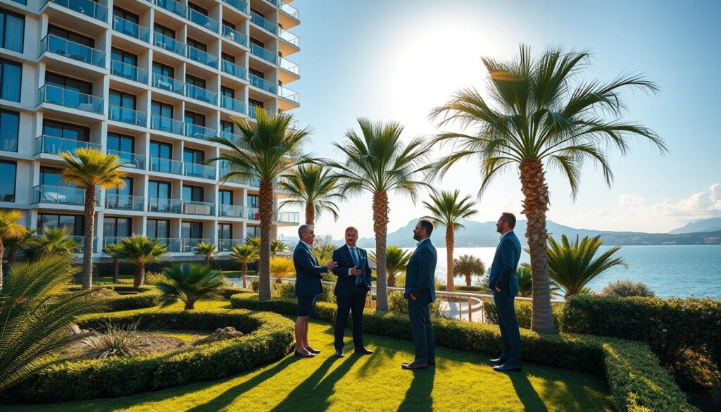 A modern high-rise apartment building overlooking the stunning Mediterranean coastline of Antalya. The sun casts a warm glow across the facade, highlighting the balconies and floor-to-ceiling windows. In the foreground, a lush, well-manicured garden with swaying palm trees creates an inviting atmosphere. In the middle ground, a group of well-dressed professionals are engaged in a discussion, gesturing towards the building, conveying the idea of investment opportunities. The background features the iconic Taurus Mountains, adding to the picturesque setting. The overall scene exudes an air of prosperity, growth, and the promise of a lucrative real estate investment in Antalya.