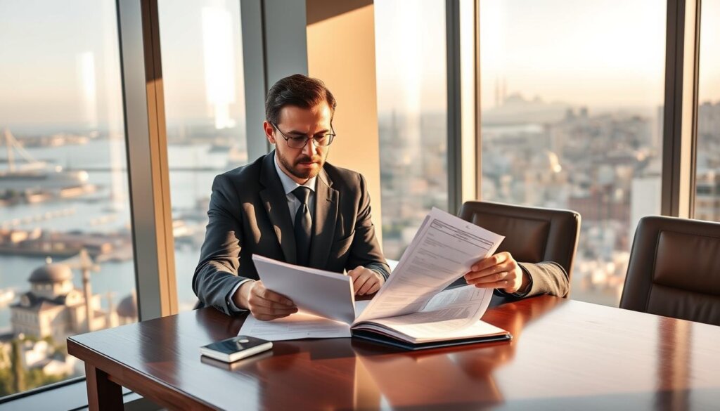 A modern high-rise building against a backdrop of the Bosphorus Strait and the iconic Istanbul skyline. In the foreground, a businessman in a suit is reviewing mortgage documents with a financial advisor, their faces carrying an expression of serious discussion. Soft natural lighting filters through the large windows, casting warm hues on the polished wood desk and leather chairs. The overall scene conveys a sense of professionalism, international finance, and the unique opportunities available to foreign investors considering real estate in Turkey.