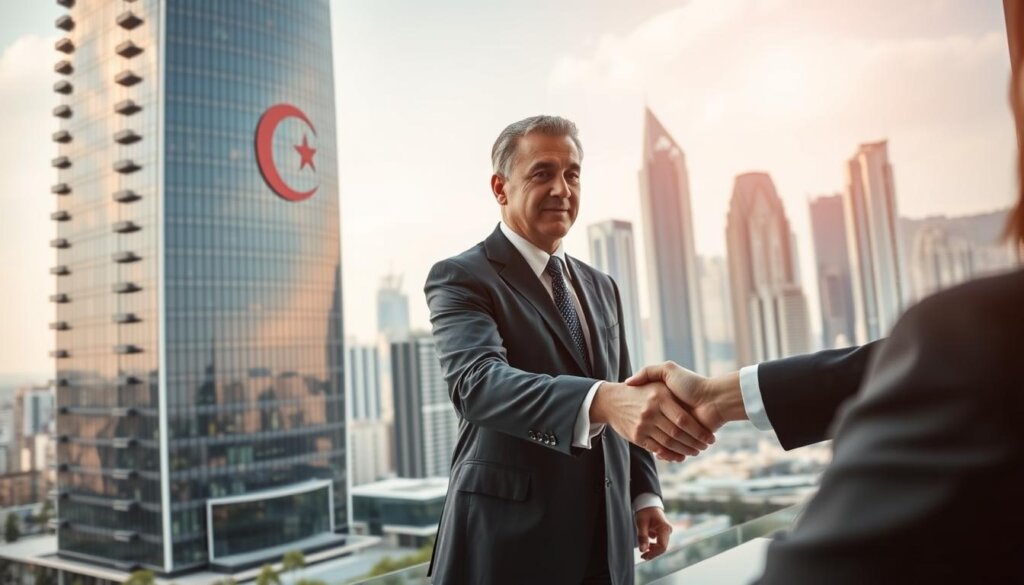 A modern high-rise building with a striking glass and steel facade, symbolizing the economic growth and investment opportunities in Turkey. In the foreground, a person in a suit shakes hands with another in a boardroom setting, highlighting the legal and financial aspects of citizenship investment. The background features a bustling cityscape with towering skyscrapers, conveying the vibrant and dynamic nature of the Turkish real estate market. The scene is illuminated by warm, natural lighting, creating a sense of professionalism and prosperity.