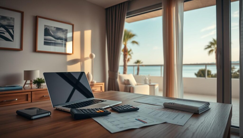 A modern home office with a laptop, calculator, and financial documents arranged neatly on a wooden desk. Soft, warm lighting illuminates the scene, creating a calm and productive atmosphere. The walls are adorned with minimalist art pieces, hinting at the owner's refined taste. Through the window, the picturesque landscape of Side, Manavgat can be seen, with palm trees swaying gently in the breeze. The overall composition suggests a perfect balance between work and relaxation, capturing the essence of calculating rental income in this idyllic coastal town.