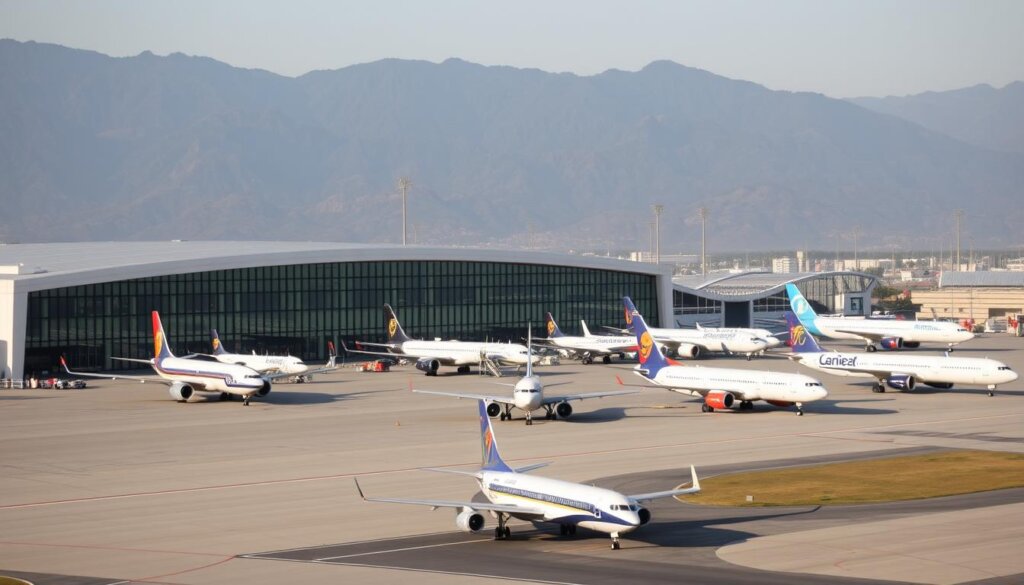 A modern international airport set against the backdrop of the Taurus Mountains, with a sleek and minimalist terminal building featuring large glass facades. The interior is filled with natural light, clean lines, and efficient passenger flow. On the apron, various commercial airliners wait to take off or land, their liveries reflecting the diverse range of domestic and international destinations served. The scene is captured from a slightly elevated angle, showcasing the airport's impressive scale and integration with the surrounding landscape. The overall mood is one of efficiency, functionality, and a sense of global connectivity. A modern international airport set against the backdrop of the Taurus Mountains, with a sleek and minimalist terminal building featuring large glass facades. The interior is filled with natural light, clean lines, and efficient passenger flow. On the apron, various commercial airliners wait to take off or land, their liveries reflecting the diverse range of domestic and international destinations served. The scene is captured from a slightly elevated angle, showcasing the airport's impressive scale and integration with the surrounding landscape. The overall mood is one of efficiency, functionality, and a sense of global connectivity.
